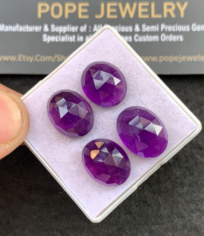Natural Amethyst Gemstone Rose Cut Oval Cabochon High Quality Loose Gemstones For Jewelry Making 14-16 MM Size 4 Pcs V5143