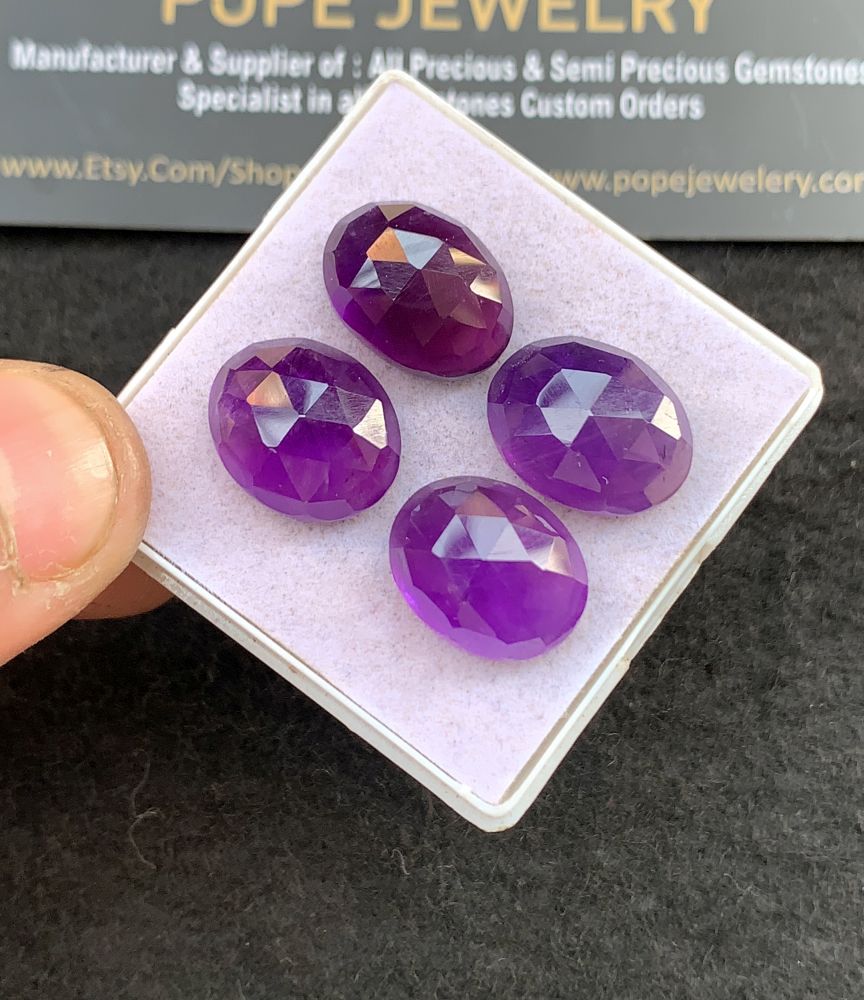 Natural Amethyst Gemstone Rose Cut Oval Cabochon High Quality Loose Gemstones For Jewelry Making 15-16 MM Size 4 Pcs V5144