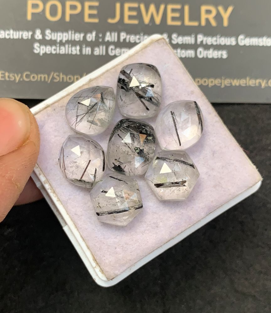 Natural Black Rutile Gemstone Rose Cut Mix Shape Cabochon High Quality Loose Gemstones For Jewelry Making 11-12 MM Size 7 Pcs V5153