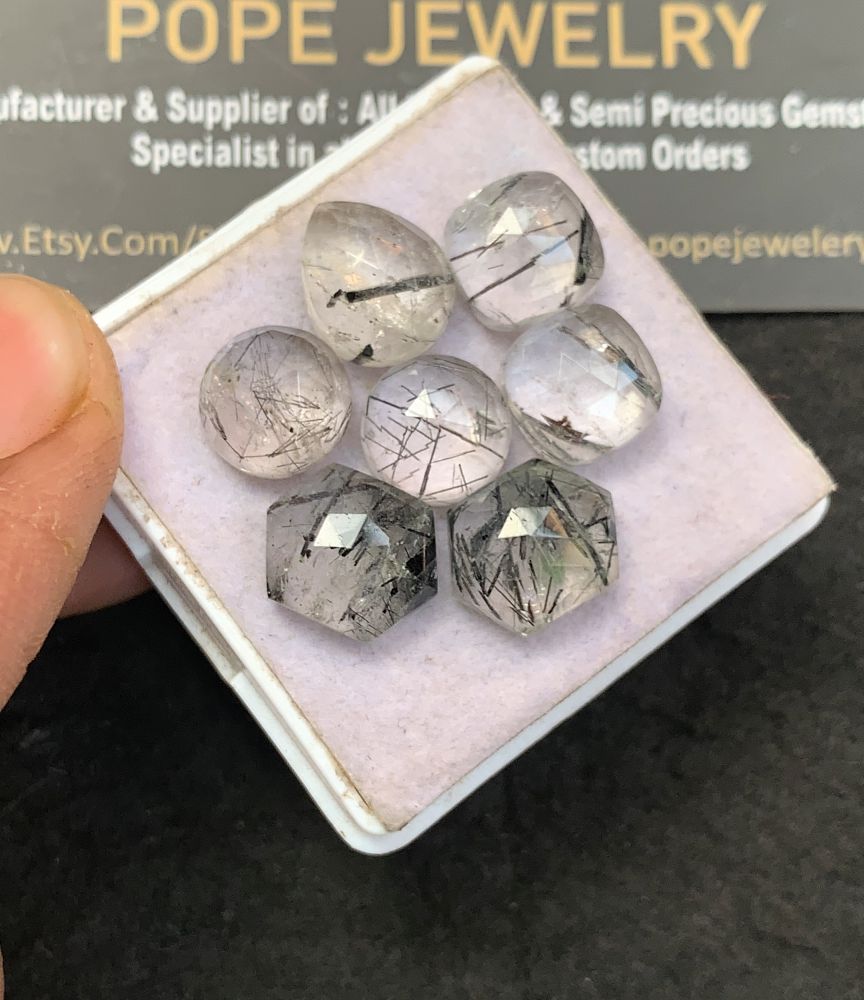 Natural Black Rutile Gemstone Rose Cut Mix Shape Cabochon High Quality Loose Gemstones For Jewelry Making 10-12 MM Size 7 Pcs V5154