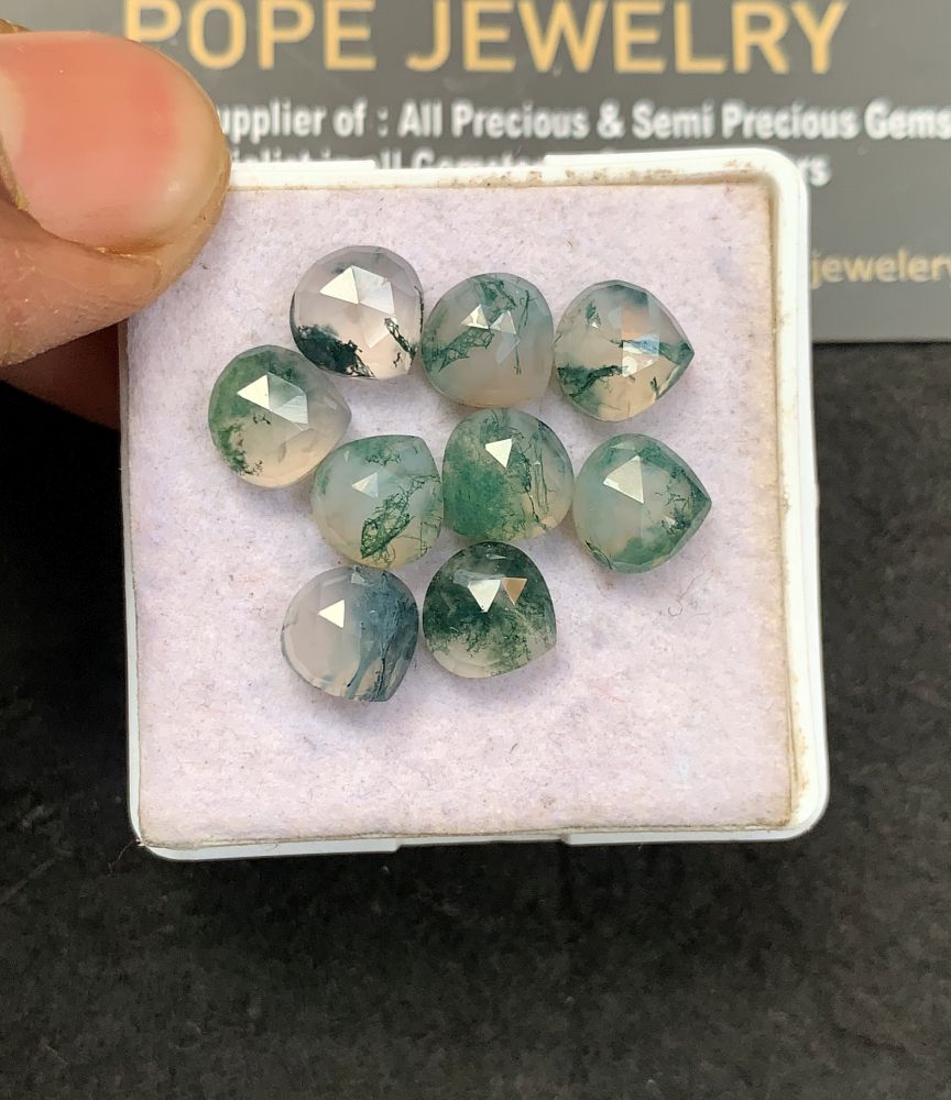 Natural Moss Agate Gemstone Rose Cut Heart Shape Cabochon High Quality Loose Gemstones For Jewelry Making 8 MM Size 9 Pcs V5155