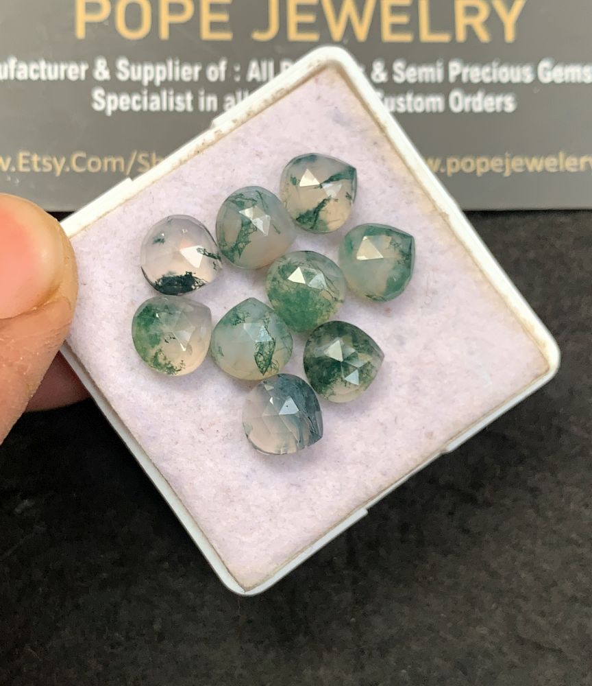 Natural Moss Agate Gemstone Rose Cut Heart Shape Cabochon High Quality Loose Gemstones For Jewelry Making 8 MM Size 9 Pcs V5155