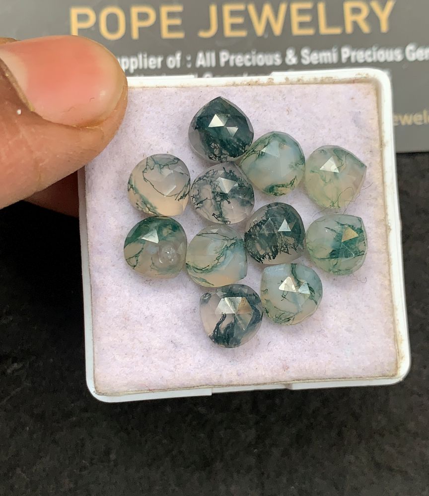 Natural Moss Agate Gemstone Rose Cut Heart Shape Cabochon High Quality Loose Gemstones For Jewelry Making 8 MM Size 11 Pcs V5156