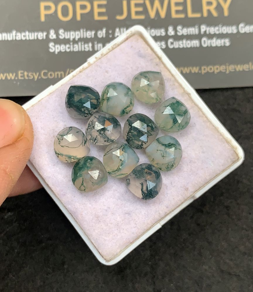 Natural Moss Agate Gemstone Rose Cut Heart Shape Cabochon High Quality Loose Gemstones For Jewelry Making 8 MM Size 11 Pcs V5156