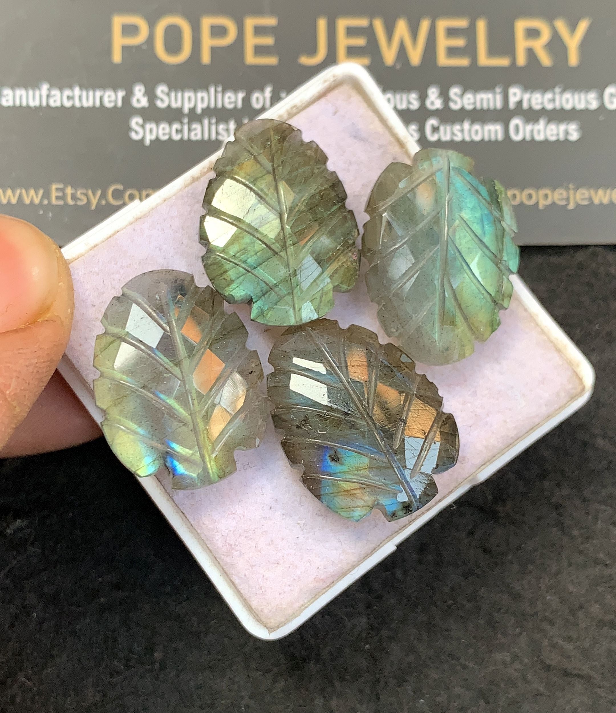 Natural Labradorite Gemstone Hand Carved Leaf Shape Cabochon High Quality Loose Gemstones For Jewelry Making 20-21 MM Size 4 Pcs V5164