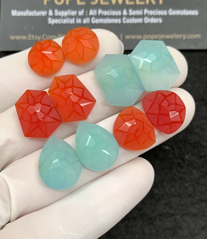 Natural Carnelian Aqua Chalceodny Gemstone Precision Cut Mix Shape Cabochon High Quality Loose Gemstones For Jewelry Making 12-18 MM Size 5 Pair SM20826