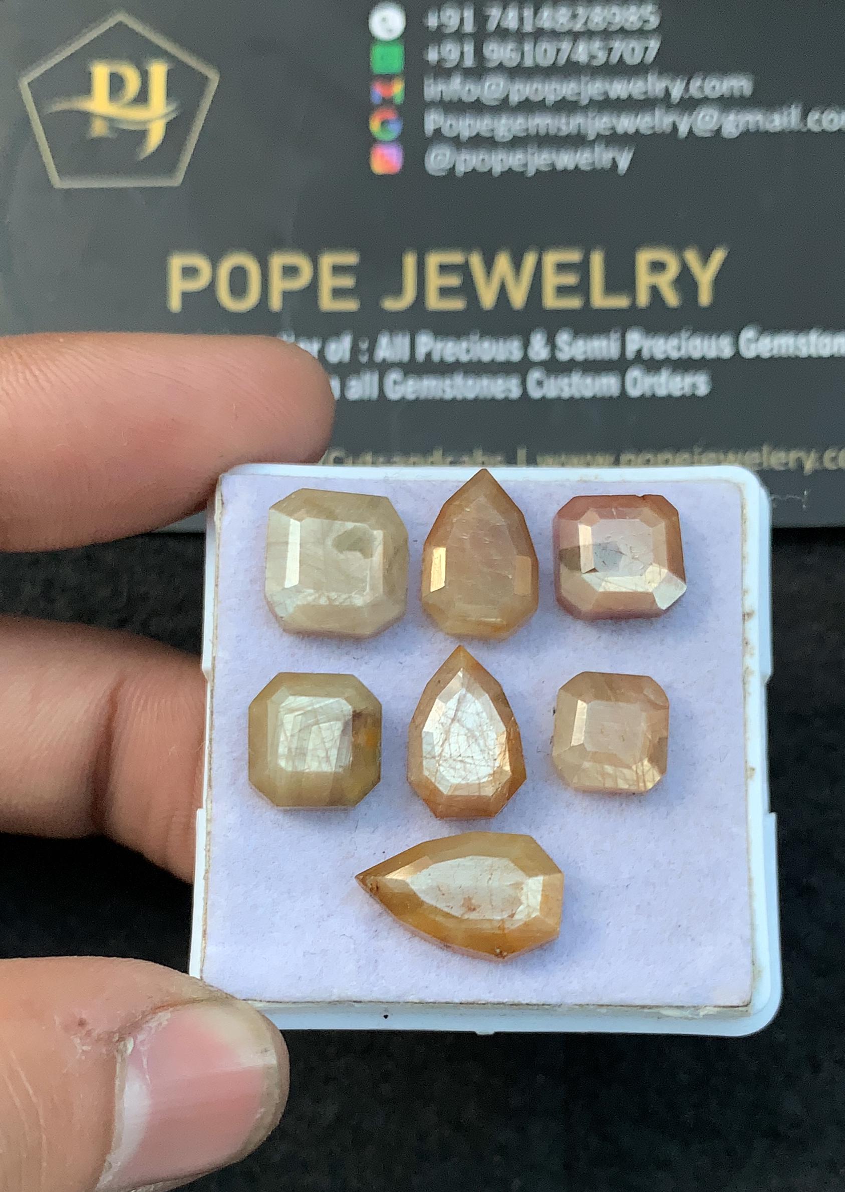 Yellow Silky Sapphire Gemstone-Sapphire One Side Step Cut Cabs-Yellow Silky Sapphire Step Cut Mix Shape-8-14 MM-7 Pcs-Jewelry Supply SM21761