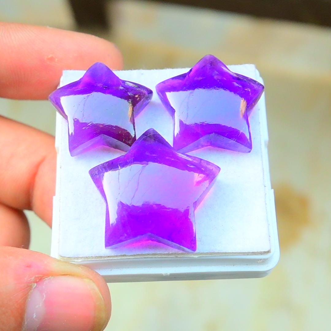 Natural Amethyst Smooth Star Shape Cabochon High Quality Loose Gemstones For Jewelry Making 19-23 MM Size 3 Pcs SM23635