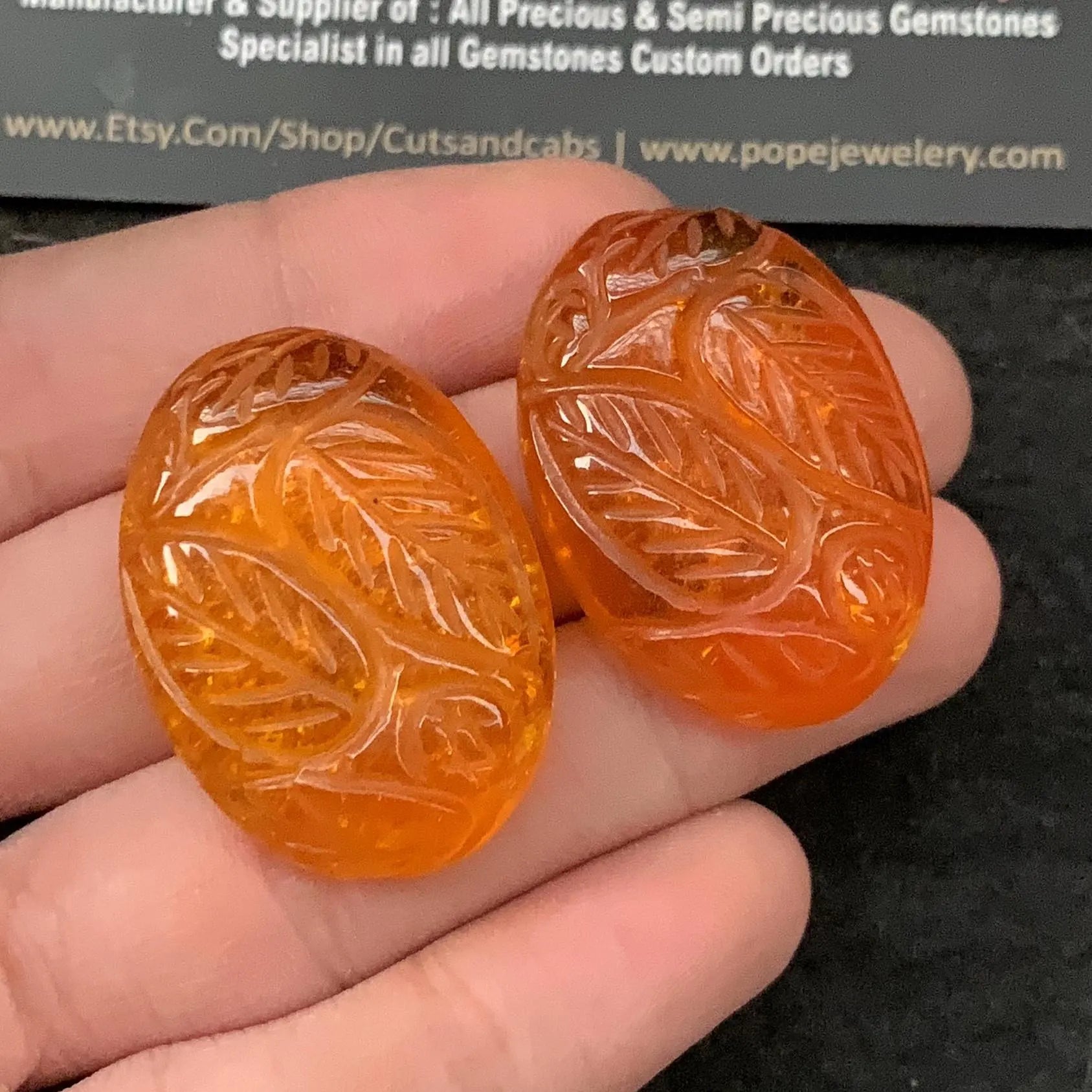 Natural Amber Gemstone Hand Carved Oval Shape 35x25 MM 1 Pair Amber Amazing & High Quality Gemstone Jewelry Supply SM23406