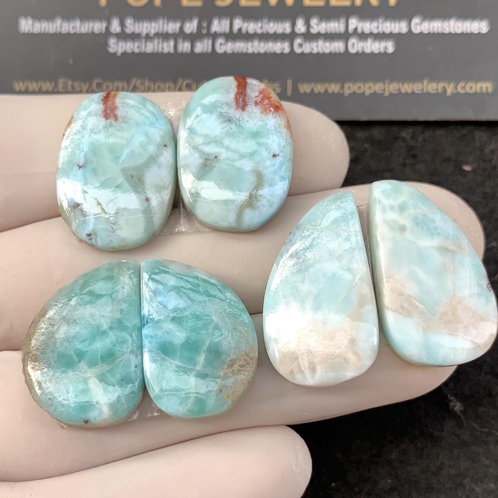 Natural Larimar Gemstone Smooth Matched Pair Cabochon Larimar High Quality Gemstone for Jewelry Making 22-24 MM Size 3 Pair SM24264