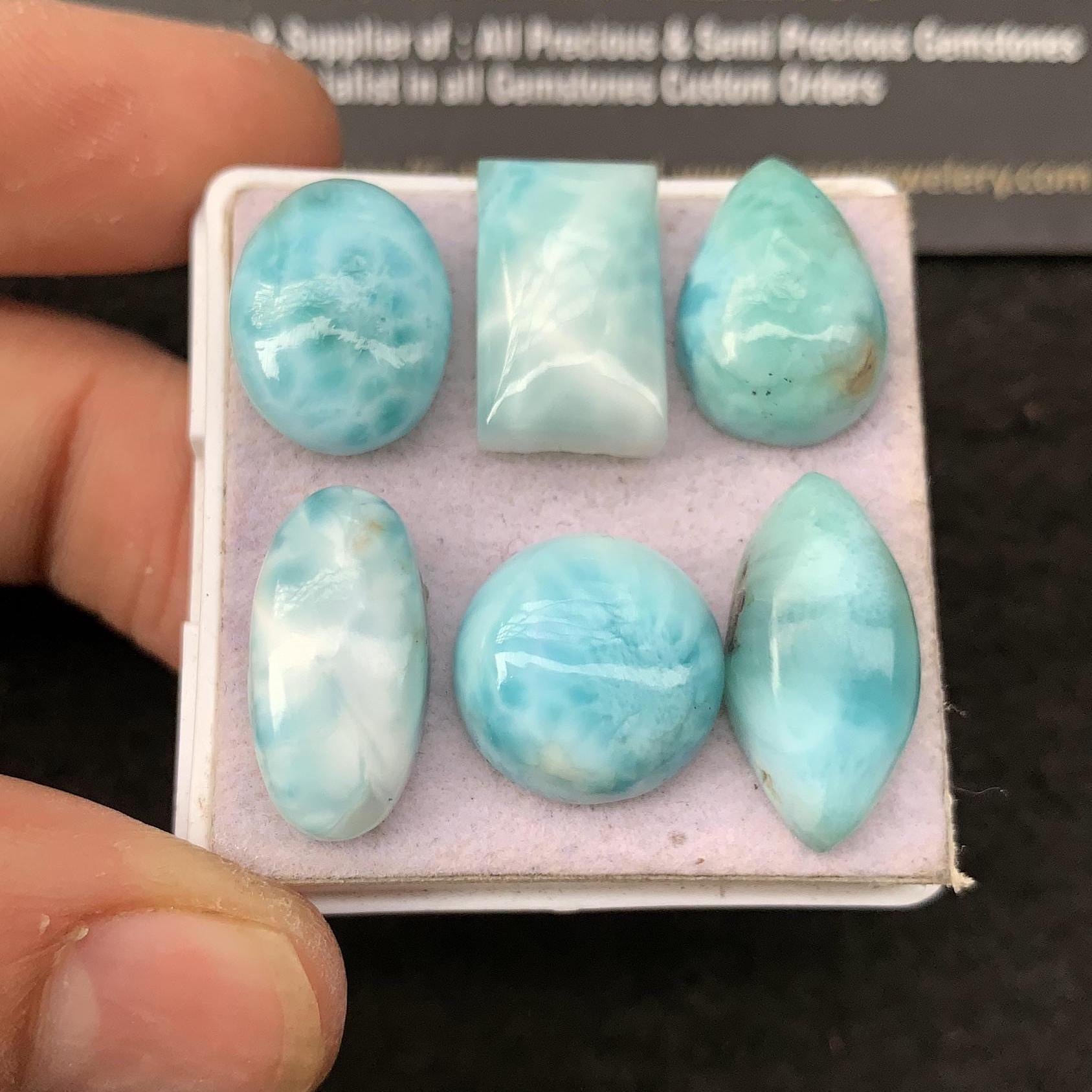 Natural Larimar Gemstone Smooth Mix Cabochon Larimar High Quality Gemstone for Jewelry Making 14-20 MM Size 6 Pcs SM24309