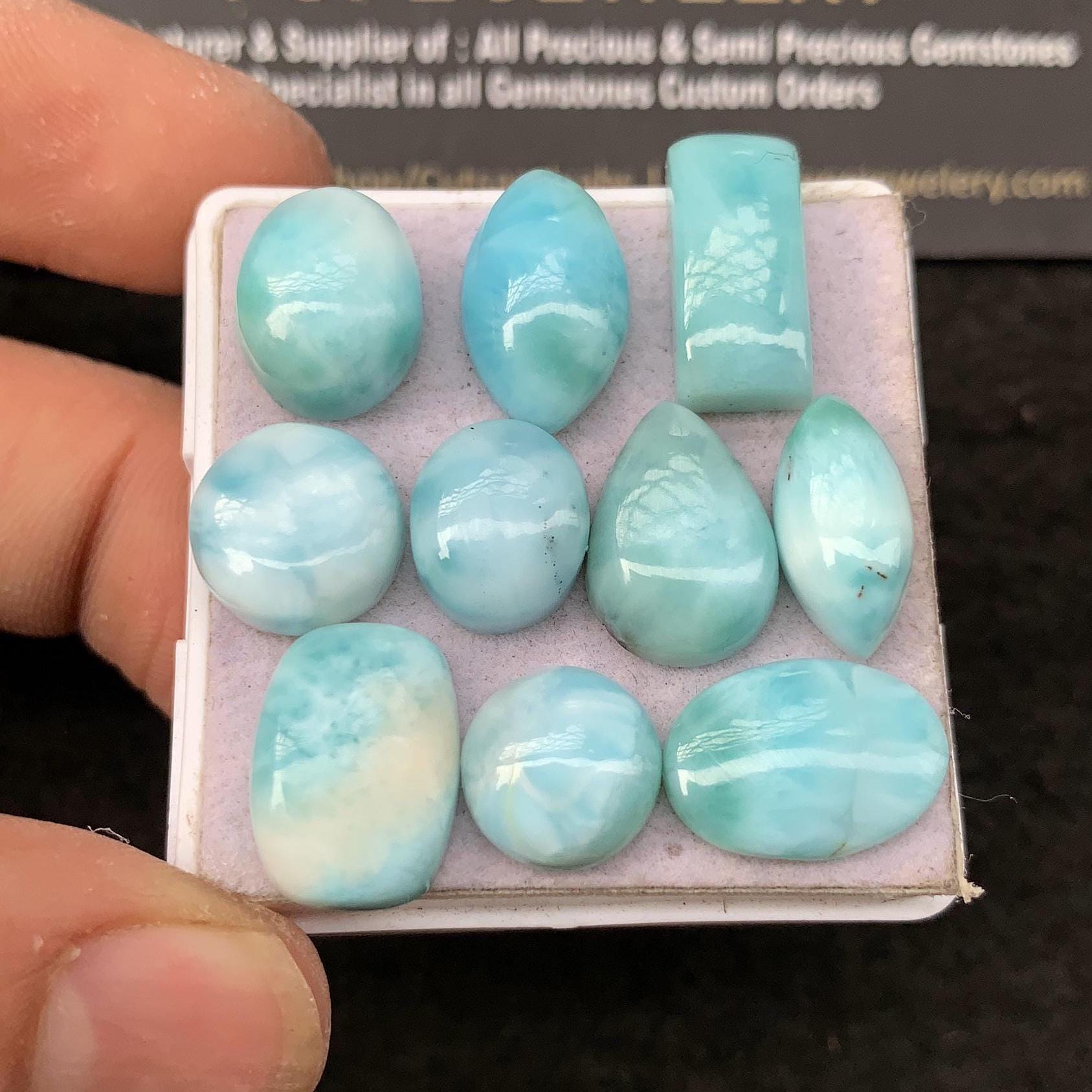 Natural Larimar Gemstone Smooth Mix Cabochon Larimar High Quality Gemstone for Jewelry Making 10-15 MM Size 10 Pcs SM24308