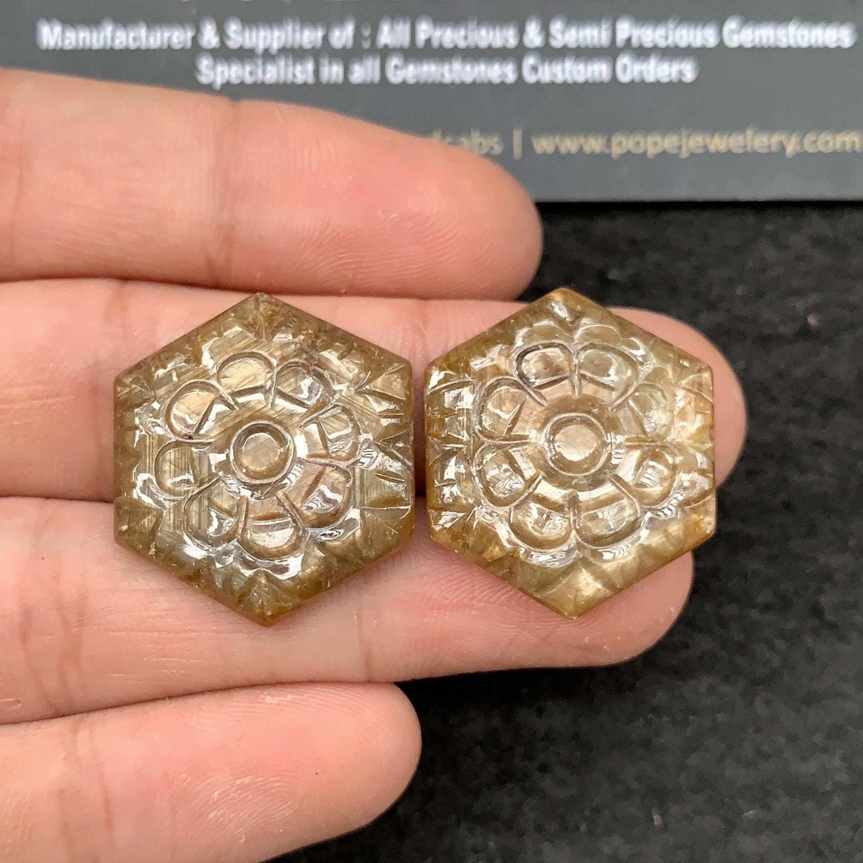 Golden Sapphire Gemstone Golden Sapphire Hand Carved Cabs Golden Sapphire Hand Carved Matched Pair 25x22 MM 1  Pair Jewelry Supply SM24311