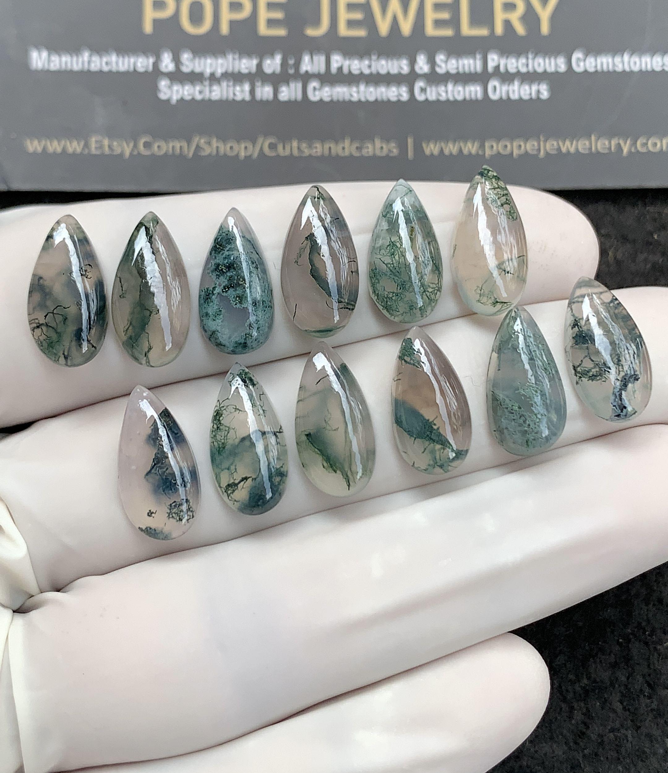 Natural Moss Agate Gemstone Smooth Pear Cabochon High Quality Loose Gemstone For Jewelry Making Wholesalegems 14-15 MM Size 12 Pcs SM24840