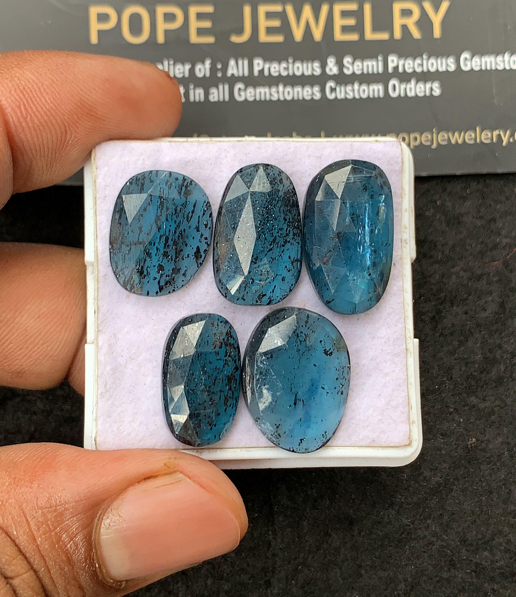 Natural Teal Kyanite Gemstone Rose Cut Fancy Cabochon Loose Gemstone For Jewelry Making Waholesalegems 15-19 MM Size 5 Pcs SM25002