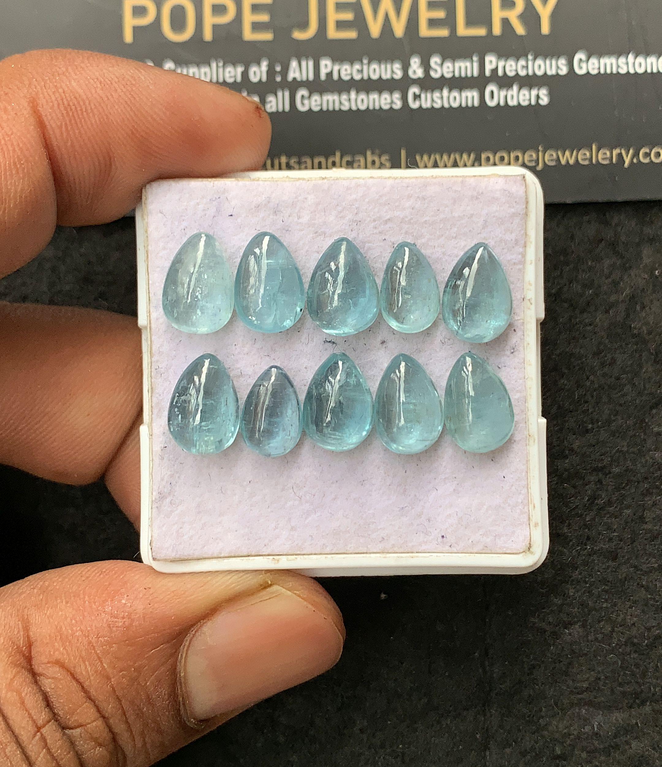Natural Aqua Kyanite Gemstone Smooth Pear Shape Cabochon Loose Gemstone For Jewelry Making Wholesalegems 9-10 MM Size 10 Pcs SM25042