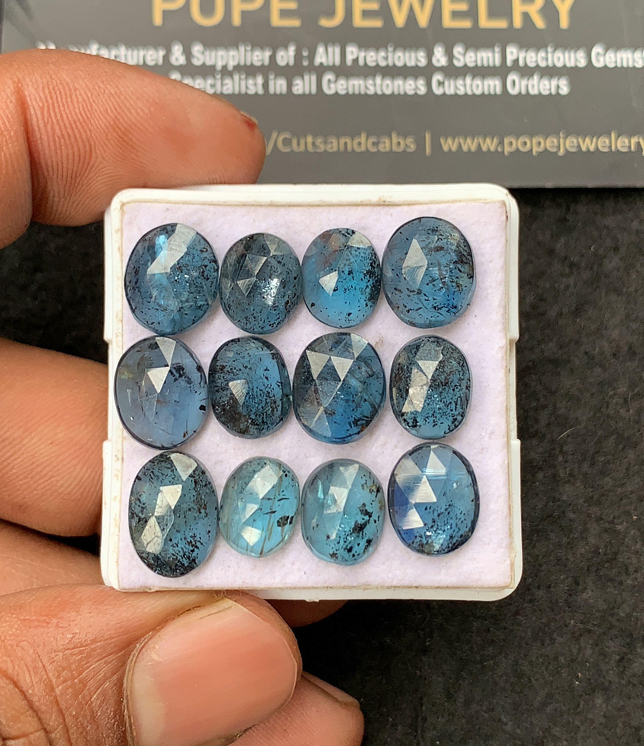 Natural Teal Kyanite Gemstone Rose Cut Oval Cabochon Loose Gemstone For Jewelry Making Wholesalegems 10-12 MM Size 12 Pcs SM 24996