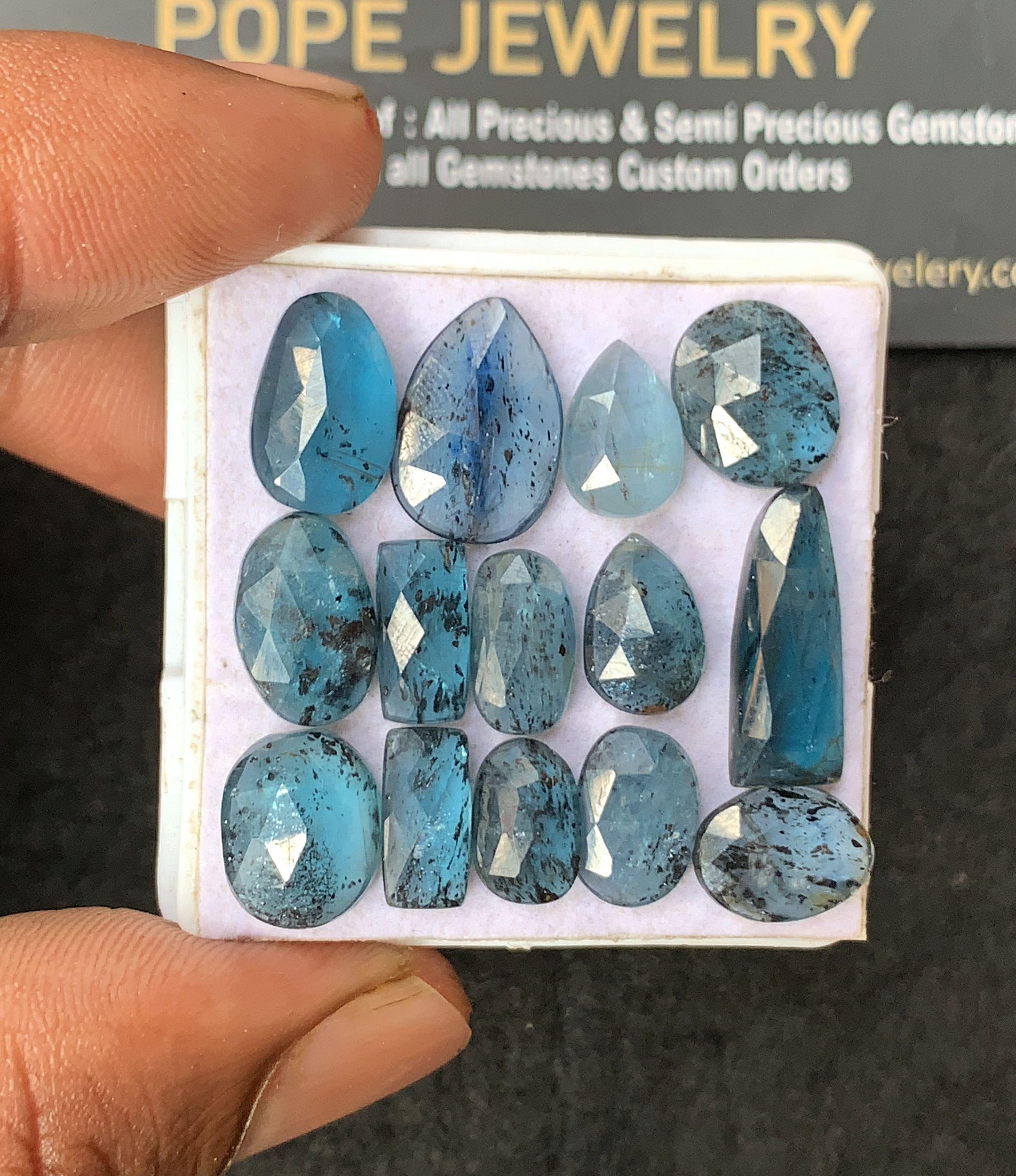 Natural Teal Kyanite Gemstone Rose Cut Mix Cabochon Loose Gemstone For Jewelry Making Wholesalegems 9-17 MM Size 14 Pcs SM24997