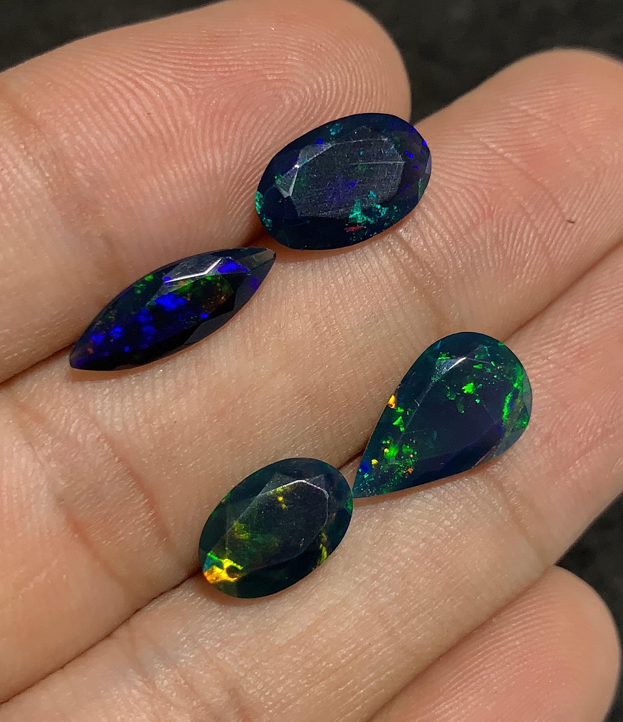 Natural Black Ethiopian Opal Gemstone Faceted Cut Mix Loose Gemstone For Jewelry Making Wholesalegems  10-14 MM Size 4 Pcs SM25114