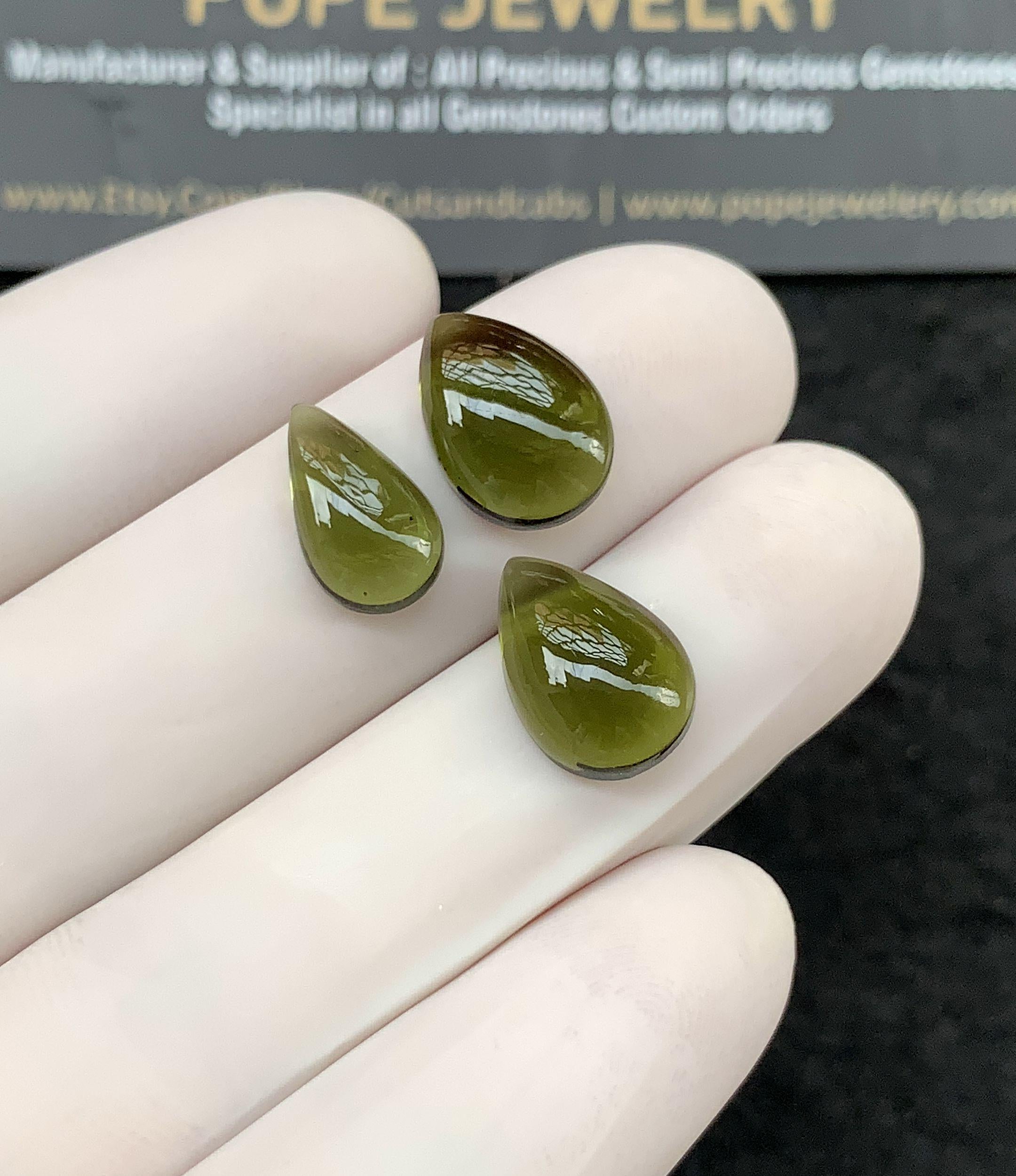 Natural Moldavite Gemstone Smooth Pear Shape Cabochon Loose Gemstone For Jewelry Making Wholesalegems 12-13 MM Size 3 Pcs SM25164