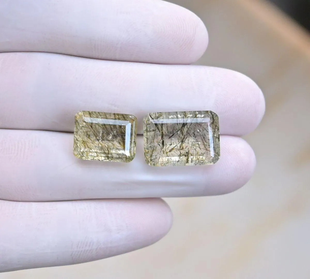 Natural Rutilated Quartz Gemstone Faceted Cut Rectangle Shape Loose Gemstones For Jewelry Making Wholesalegems 13-16 MM Size 2 Pcs SM25660