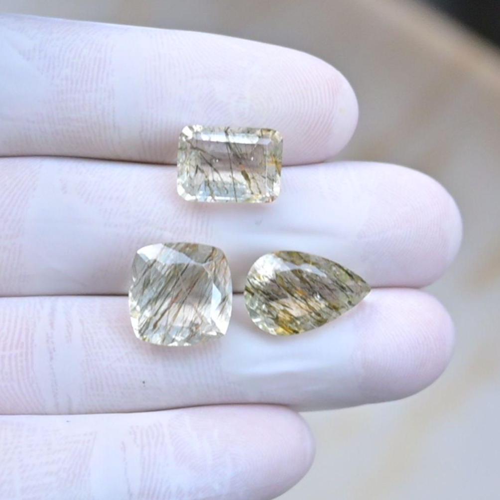 Natural Rutilated Quartz Gemstone Faceted Cut Mix Shape Loose Gemstones For Jewelry Making Wholesalegems 12-15 MM Size 3 Pcs SM25677