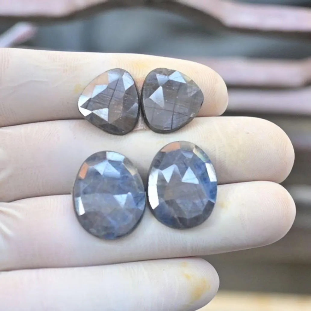 Natural Blue Silky Sapphire Gemstone Rose Cut Mix Cabochon Loose Gemstones For Jewelry Making Wholesalegems 15-20 MM Size 2 Pair SM25897