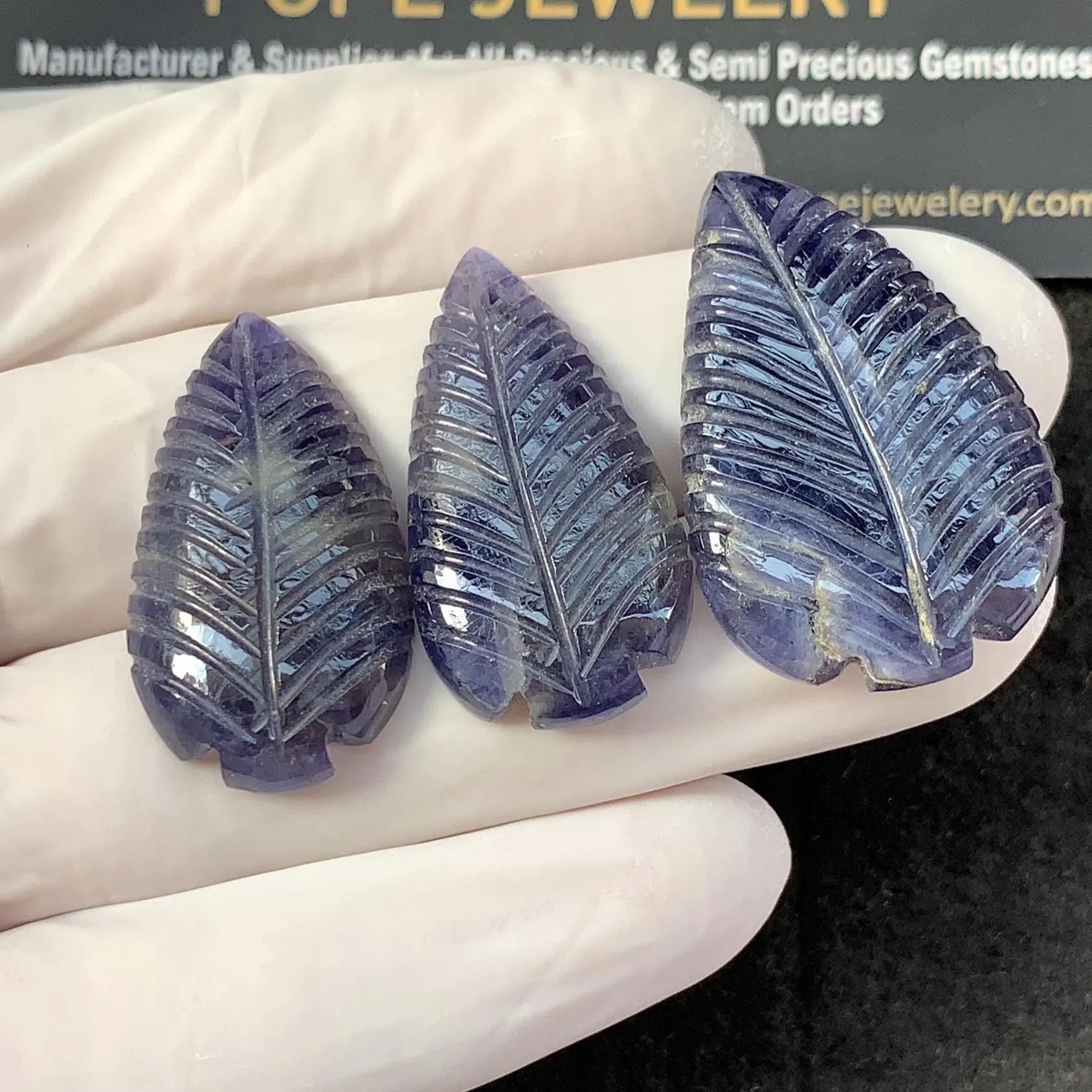 Natural Iolite Hand Carved Leaf Shape Cabochon High Quality Loose Gemstones For Jewelry Making 30-34 MM Size 3 Pcs SM23312