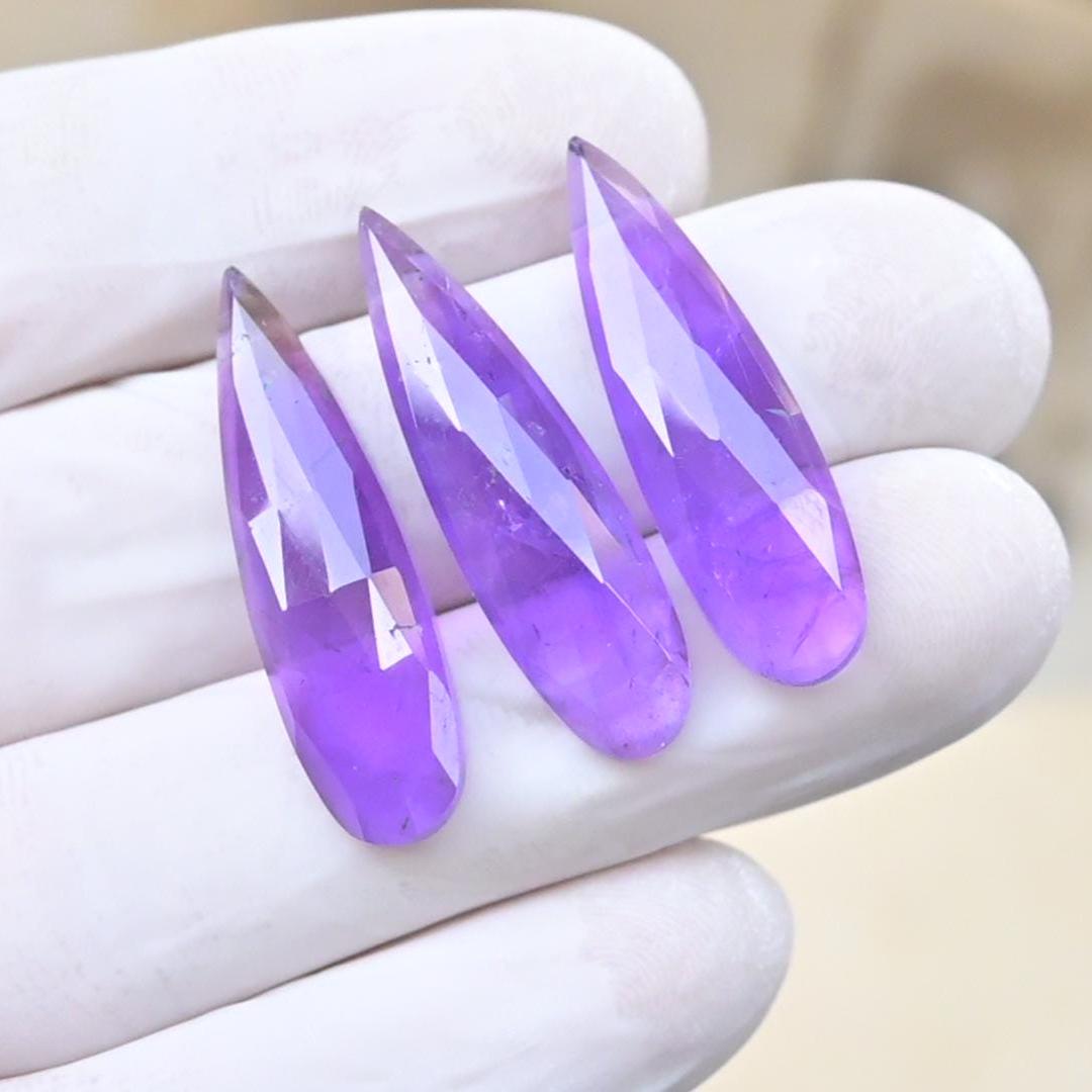 Natural Amethyst Rose Cut Teardrop Shape Cabochon High Quality Loose Gemstones For Jewelry Making 30x8 MM Size 3 Pcs SM23619
