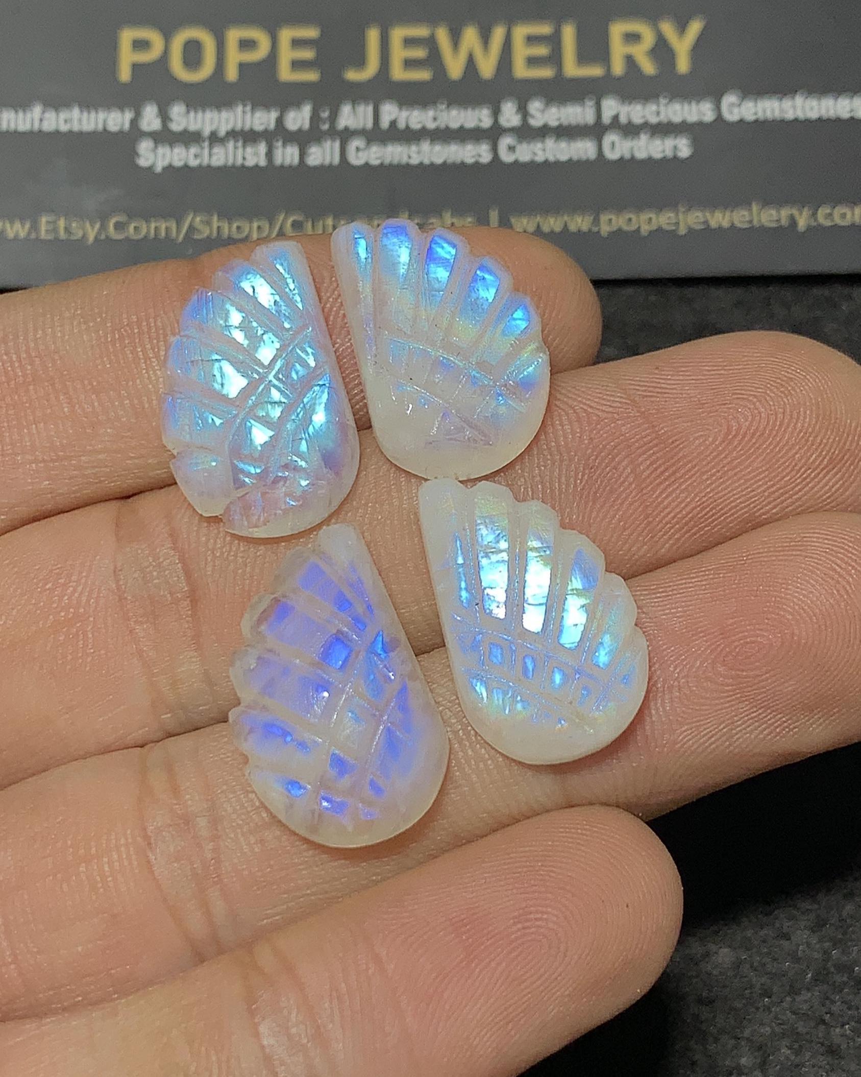 Natural Rainbow Moonstone Hand carved Wings Shape Cabochons Loose Gemstones Jewelry Supply Wholesalegems 20x12 MM 2 Pairs SM23350