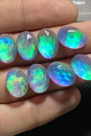Aurora Opal & Natural Himalayan Rock Crystal Quartz Doublets Rose Cut Oval Shape cabochons Aurora Opal Cabochons Loose Gemstones for Jewelery Making 14x10 MM 8 Pcs SM23597