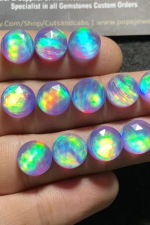 Aurora Opal & Natural Himalayan Rock Crystal Quartz Doublets Rose Cut Round Shape cabochons Aurora Opal Cabochons Loose Gemstones for Jewelery Making 10x10 MM 12 Pcs SM23605