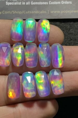 Aurora Opal & Natural Himalayan Rock Crystal Quartz Doublets Rose Cut Rectangle Shape cabochons Aurora Opal Cabochons Loose Gemstones for Jewelery Making 14x7 MM 12 Pcs SM23607