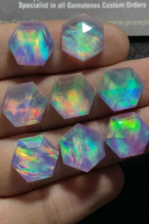 Aurora Opal & Natural Himalayan Rock Crystal Quartz Doublets Step Cut Hexagon Shape cabochons Aurora Opal Cabochons Loose Gemstones for Jewellery Making 12x12 MM 8 Pcs SM23614