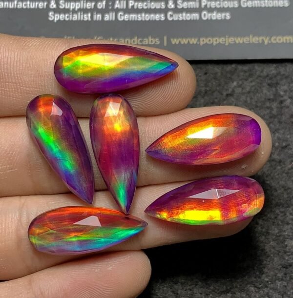 Purple Aurora Opal & Natural Himalayan Rock Crystal Quartz Doublets Rose Cut Teardrop Shape Cabochons Aurora Opal Cabochons Loose Gemstones for Jewellery Making 25x10 MM 6 Pcs SM23645 - Image 2