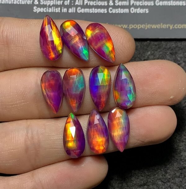 Purple Aurora Opal & Natural Himalayan Rock Crystal Quartz Doublets Rose Cut Teardrop Shape Cabochons Aurora Opal Cabochons Loose Gemstones for Jewellery Making 15x7 MM 10 Pcs SM23646 - Image 3