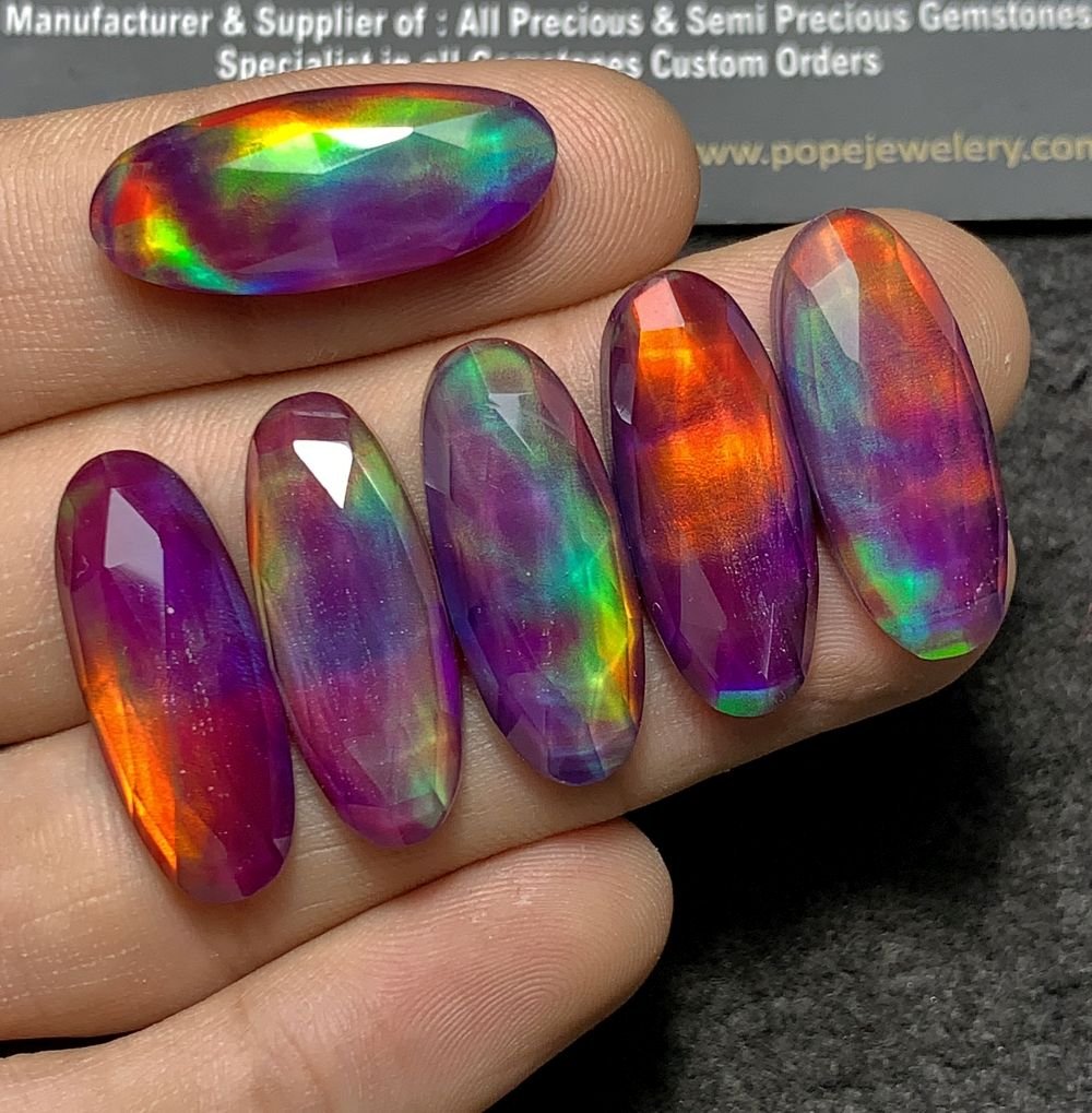 Purple Aurora Opal & Natural Himalayan Rock Crystal Quartz Doublets Rose Cut Oval Shape Cabochons Aurora Opal Cabochons Loose Gemstones for Jewellery Making 25x10 MM 6 Pcs SM23649