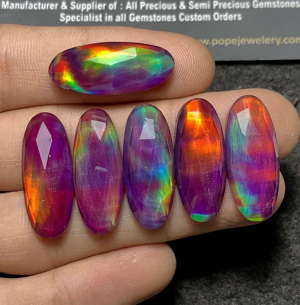 Purple Aurora Opal & Natural Himalayan Rock Crystal Quartz Doublets Rose Cut Oval Shape Cabochons Aurora Opal Cabochons Loose Gemstones for Jewellery Making 25x10 MM 6 Pcs SM23649 - Image 3