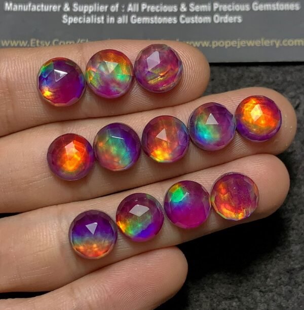 Purple Aurora Opal & Natural Himalayan Rock Crystal Quartz Doublets Rose Cut Round Shape Cabochons Aurora Opal Cabochons Loose Gemstones for Jewellery Making 10 MM 12 Pcs SM23655