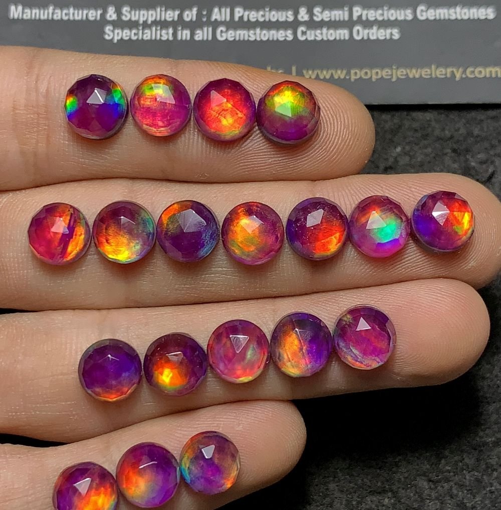 Purple Aurora Opal & Natural Himalayan Rock Crystal Quartz Doublets Rose Cut Round Shape Cabochons Aurora Opal Cabochons Loose Gemstones for Jewellery Making 8 MM 20 Pcs SM23656 - Image 3