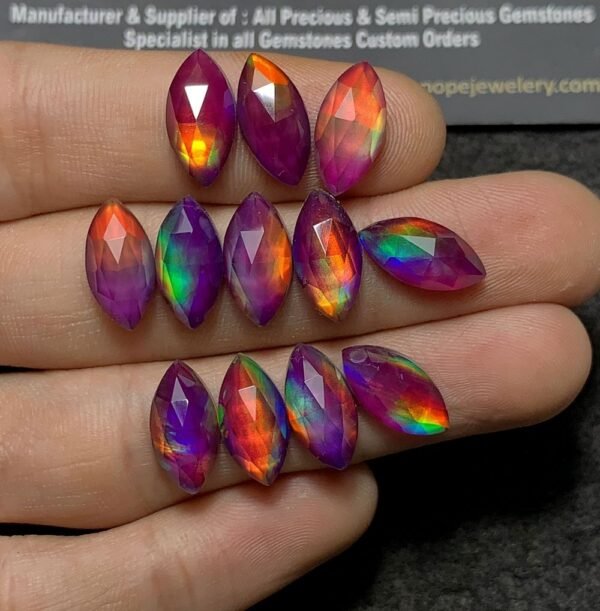 Purple Aurora Opal & Natural Himalayan Rock Crystal Quartz Doublets Rose Cut Marquise Shape Cabochons Aurora Opal Cabochons Loose Gemstones for Jewellery Making 14x7 MM 12 Pcs SM23658 - Image 2
