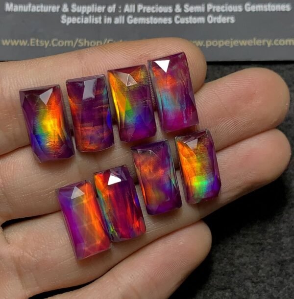 Purple Aurora Opal & Natural Himalayan Rock Crystal Quartz Doublets Rose Cut Rectangle Shape Cabochons Aurora Opal Cabochons Loose Gemstones for Jewellery Making 16x8 MM 8 Pcs SM23659 - Image 3
