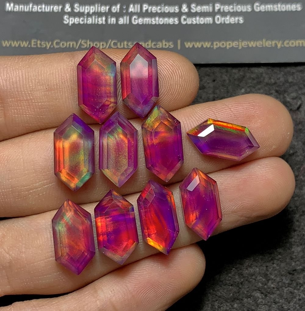 Purple Aurora Opal & Natural Himalayan Rock Crystal Quartz Doublets Step Cut Hexagon Shape Cabochons Aurora Opal Cabochons Loose Gemstones for Jewellery Making 16x8 MM 10 Pcs SM23661