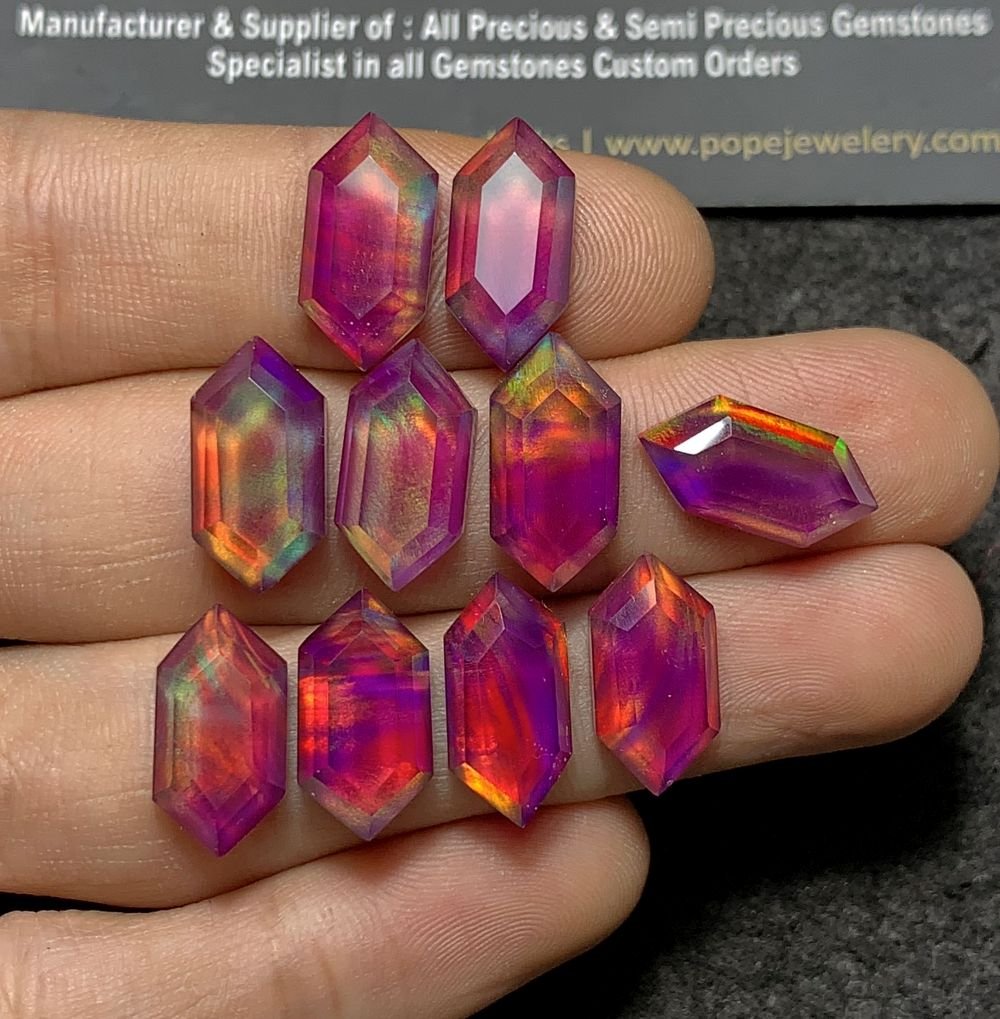 Purple Aurora Opal & Natural Himalayan Rock Crystal Quartz Doublets Step Cut Hexagon Shape Cabochons Aurora Opal Cabochons Loose Gemstones for Jewellery Making 16x8 MM 10 Pcs SM23661 - Image 2