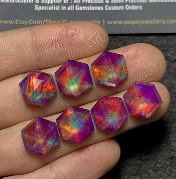 Purple Aurora Opal & Natural Himalayan Rock Crystal Quartz Doublets Step Cut Hexagon Shape Cabochons Aurora Opal Cabochons Loose Gemstones for Jewellery Making 12 MM 7 Pcs SM23662