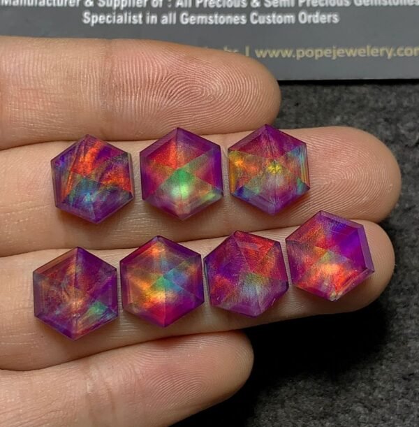 Purple Aurora Opal & Natural Himalayan Rock Crystal Quartz Doublets Step Cut Hexagon Shape Cabochons Aurora Opal Cabochons Loose Gemstones for Jewellery Making 12 MM 7 Pcs SM23662 - Image 3