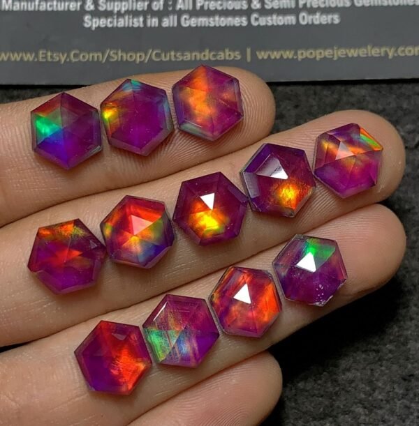 Purple Aurora Opal & Natural Himalayan Rock Crystal Quartz Doublets Step Cut Hexagon Shape Cabochons Aurora Opal Cabochons Loose Gemstones for Jewellery Making 10 MM 12 Pcs SM23663