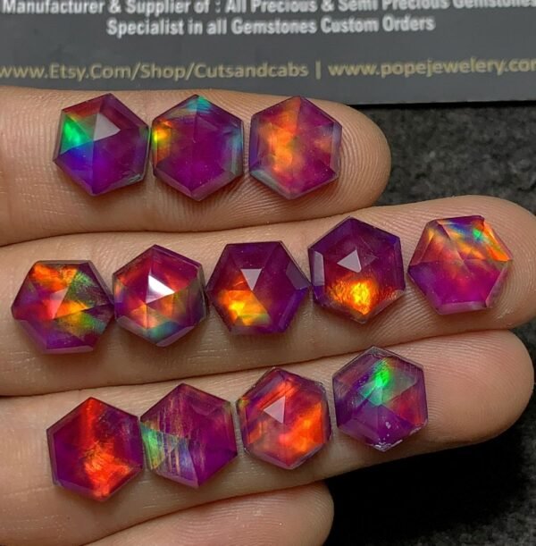Purple Aurora Opal & Natural Himalayan Rock Crystal Quartz Doublets Step Cut Hexagon Shape Cabochons Aurora Opal Cabochons Loose Gemstones for Jewellery Making 10 MM 12 Pcs SM23663 - Image 3