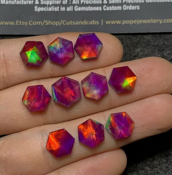 Purple Aurora Opal & Natural Himalayan Rock Crystal Quartz Doublets Step Cut Hexagon Shape Cabochons Aurora Opal Cabochons Loose Gemstones for Jewellery Making 9 MM 10 Pcs SM23664