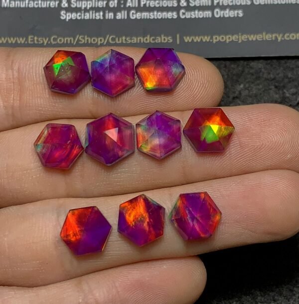 Purple Aurora Opal & Natural Himalayan Rock Crystal Quartz Doublets Step Cut Hexagon Shape Cabochons Aurora Opal Cabochons Loose Gemstones for Jewellery Making 9 MM 10 Pcs SM23664 - Image 3